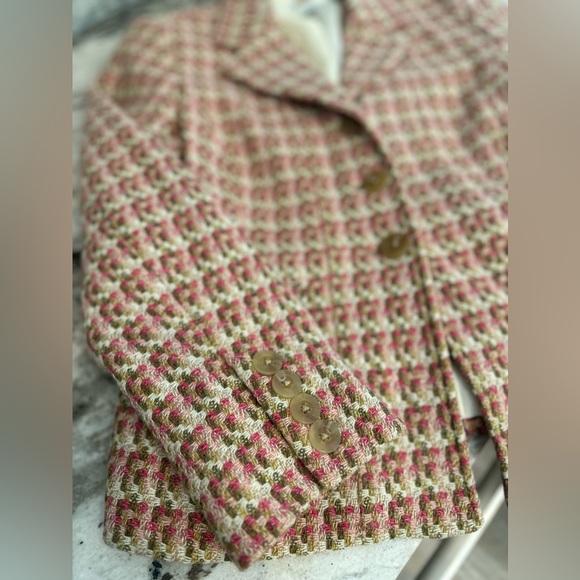 TALBOTS TWEED PINK BEIGE TAN WHITE ACCENT BUTTON UP BLAZER JACKET SIZE 4P - Picture 4 of 12